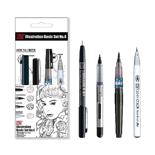 Kuretake Zig Inktober pen set, for Illustration, Manga Drawing, Lettering and Calligraphy, Professional Artist, Made in Japan (Basic No.4(4pcs.)) - style: Basic No.4(4pcs.)