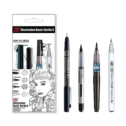 Kuretake Zig Inktober pen set, for Illustration, Manga Drawing, Lettering and Calligraphy, Professional Artist, Made in Japan (Basic No.4(4pcs.)) - style: Basic No.4(4pcs.)