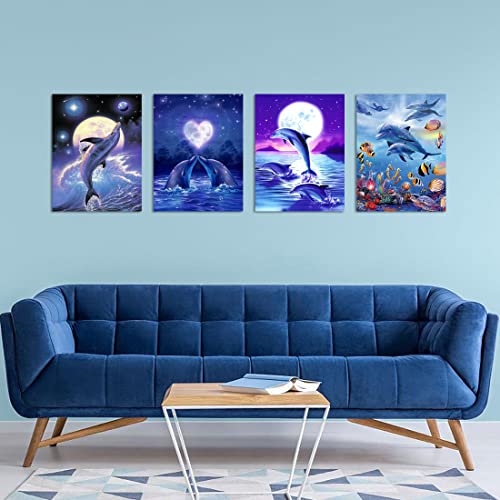 Muzagroo Art 4 Pack Diamond Paintings Kits for Adults 5D Diamond Art DIY with Round Full Drill Diamonds for Beginners Dolphins Diamond Wall Art for Living Room - color: 01-Dolphins