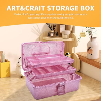 Saim 3-Layer Storage Bin, Carry Organizer Box for Art Craft Makeup Supplies - color: Pink