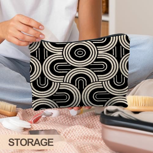 Abstract Beige and Black Makeup Bag, Modern Minimalist Art Deco Cosmetic Bags for Women, Mid Century Modern Zipper Makeup Pouch - color: Black and white lines - 3