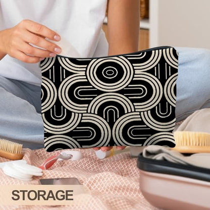 Abstract Beige and Black Makeup Bag, Modern Minimalist Art Deco Cosmetic Bags for Women, Mid Century Modern Zipper Makeup Pouch - color: Black and white lines - 3