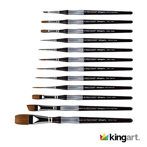 KINGART 1070B Premium 12 Pc. Precision Acrylic Artist Paint Brushes, Short Comfort Handle, Synthetic Taklon Hair for Acrylic, Oil, Watercolor and Gouache Paints, Set of 12