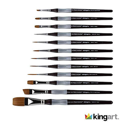 KINGART 1070B Premium 12 Pc. Precision Acrylic Artist Paint Brushes, Short Comfort Handle, Synthetic Taklon Hair for Acrylic, Oil, Watercolor and Gouache Paints, Set of 12