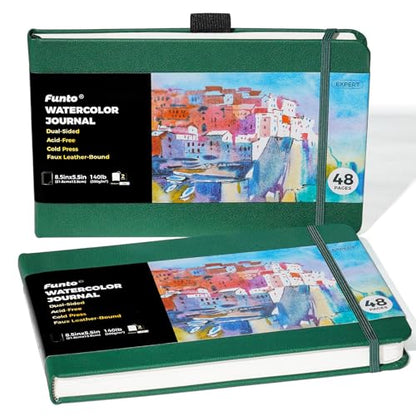 Funto Watercolor Journal, 8.5x5.5, 2 Pack, 48 Pages Each, Green Leather Cover, Cold-Pressed, Inner Paper Pocket, Art Supplies for Mixed Media - color: Green-Leather-8.5 x 5.5