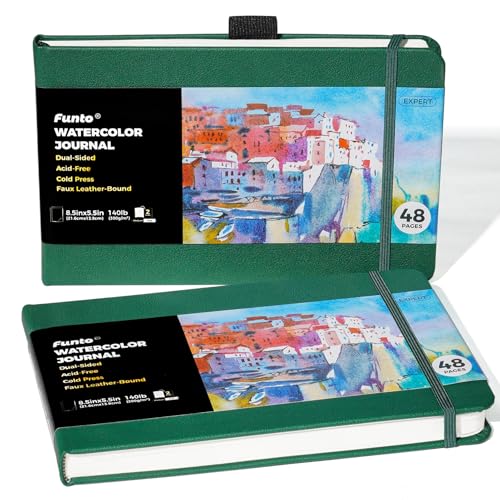 Funto Watercolor Journal, 8.5x5.5, 2 Pack, 48 Pages Each, Green Leather Cover, Cold-Pressed, Inner Paper Pocket, Art Supplies for Mixed Media - color: Green-Leather-8.5 x 5.5