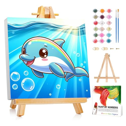 Reivworl Dolphin Paint by Numbers Kit for Kids with Frame 8×8 inch | Dolphin Paint by Number for Kids Age 6-8-12, Acrylic Paint by Numbers for Gifts and Decor - color: Style-22, size: 8×8inch