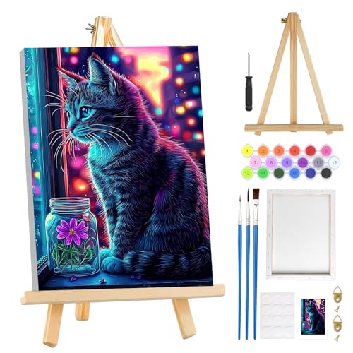 MOGTAA Cat Paint by Numbers Kit for Adults Beginners with Frame, Flowers Adult Paint by Number Kits on Canvas with Easel, Easy DIY Oil Painting Kits for Home Decor, 8x12in - color: Cat