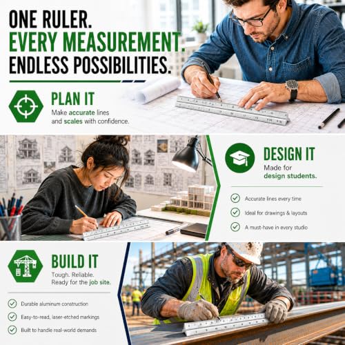OCM Metric Triangular Engineer Scale Ruler (Proffessional Grade Solid Aluminum) 30 Centimeters Metric Engineering Architectural Mechanical Drafting Ruler - 1:20, 1:25, 1:50 1:75, 1:100, 1:125