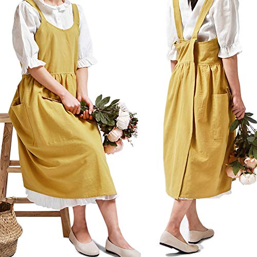 Japanese Cotton Cross Back Pinafore Apron for Women with Pockets Yellow | Cross-Back, No Ties, Cotton Linen, Smock Apron Dress, NEWGEM Farm Work Apron for Kitchen Cooking, Baking, Gardening, Painting - color: 02 - Bright Yellow Without Waist Ties