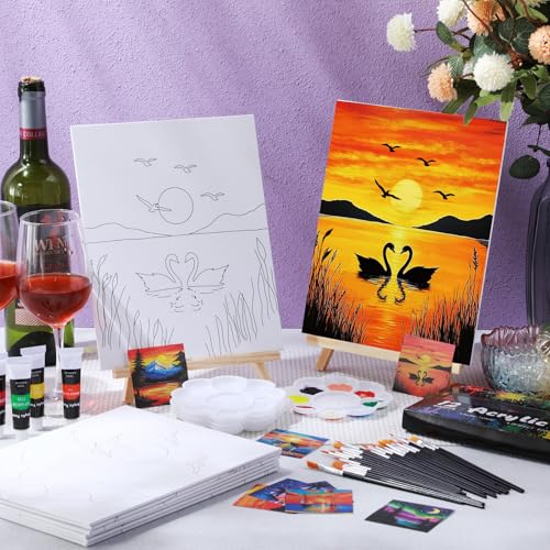Cholemy 36 Pcs Paint and Sip Kit for Adults 8''x10'' Pre Drawn Canvas for Painting DIY Afro Acrylic Painting Kit Wood Easel Brushes Date Night Bulk for Mother's Day Party Gifts - style: Sunset