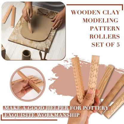 Wooden Handle Pottery Tools Clay Modeling Pattern Rollers, Brown | Clay Texture Rollers Set of 5 - color: Set of 5