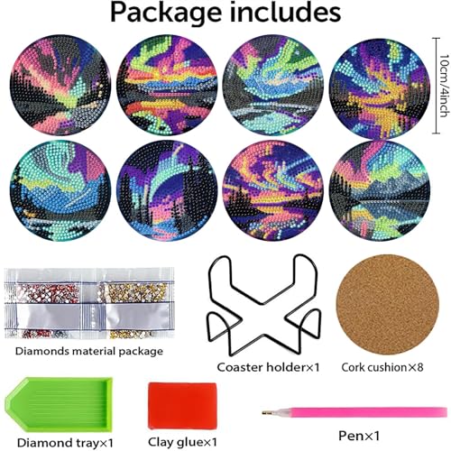 gganmtere 8P Aurora Diamond Art Coasters Kits, Landscape Diamond Painting Coasters Kits for Adults with Holder, DIY 5D Nature Scenery Diamond Dots Present - color: Jxbd121