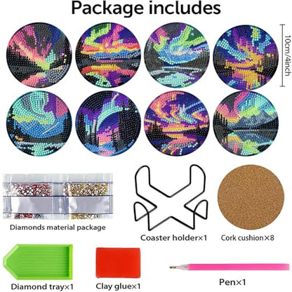 gganmtere 8P Aurora Diamond Art Coasters Kits, Landscape Diamond Painting Coasters Kits for Adults with Holder, DIY 5D Nature Scenery Diamond Dots Present - color: Jxbd121