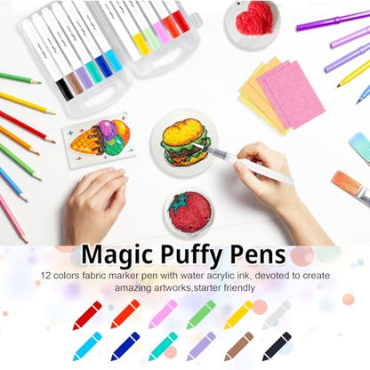 73PCS Magic Puffy Painting Kit, 3D Foam Texture Papers for Beginners | 12 Colors Acrylic Paint Markers, 28 Foam Texture Paper Sheet, Fun Art Supplies