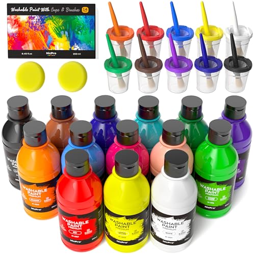 Nicpro 14 Color Large Washable Paint for Kid 8.45oz for Teacher Classroom | Acrylic Paint Bulk Supplies Non Toxic Finger Paint with 10 Paint Cups & Brushes, Tempera Paint for Art, Craft, School, Home - color: 14 Colors, size: 8.45 Fl Oz (Pack of 14)