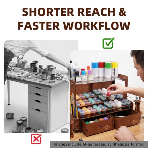 OPHIR Wooden Paint Rack for 60 Bottles with 2 Brush Holders & 2 Drawers - size: 1.42"-60 Hole