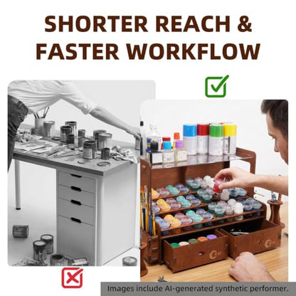 OPHIR Wooden Paint Rack for 60 Bottles with 2 Brush Holders & 2 Drawers - size: 1.42"-60 Hole