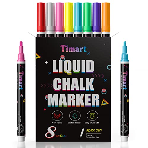 Timart Liquid Chalk Markers, 3mm Fine Tip Chalk Pens, 8 Colors | Reversible Tip, Erasable Chalk Pen, Non-Toxic Chalkboard Markers for Glass Blackboard, Washable Window Markers - color: Classic 3mm Fine Tip