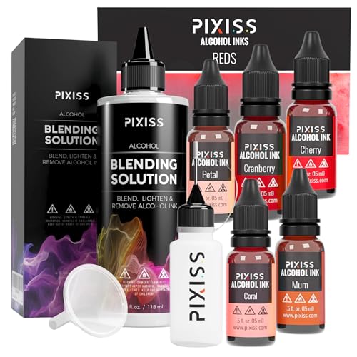 Pixiss Red Alcohol Ink Set and Alcohol Blending Solution for Ink (4oz) - Highly Saturated Alcohol Ink for Resin and Ink Blending Solution with Applicator Tip, Applicator Bottle, and Funnel