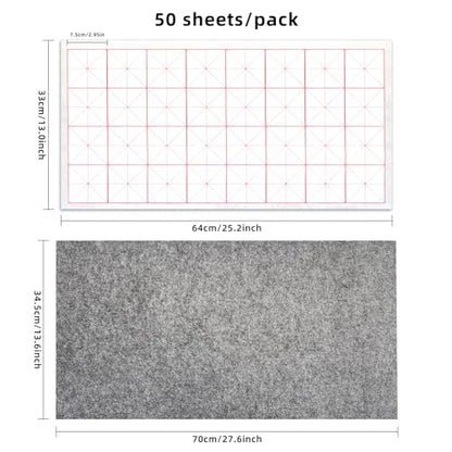 Corciosy Chinese Calligraphy Xuan Paper, 13 x 25.2In, 50 Sheets/Pack | Rice Paper with Grids, For Students, Beginners Practice, Includes Drawing Felt Mat Grey, 7.5cm/Grid - size: 7.5cm