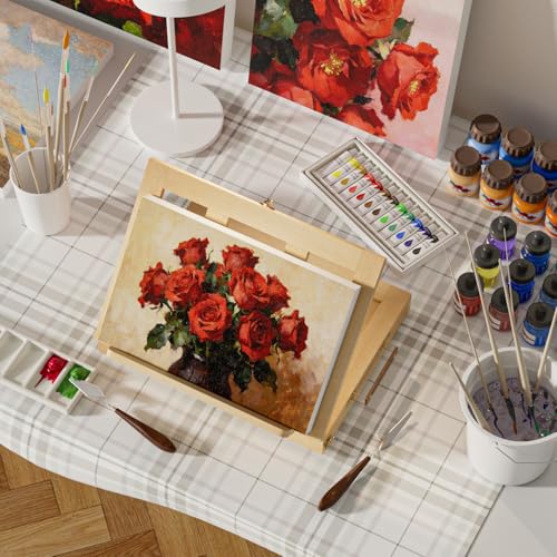 LUCYCAZ Art Easel for Painting,Pine-Wood Portable Easel Stand for Kids | Tabletop Painting Easel Set for Artists with Canvas, Acrylic Paints, Brushes, Palette and Palette Knives for Adults Beginners - style: Easel Set