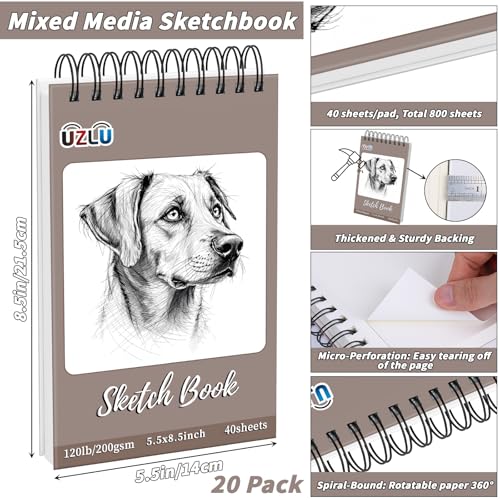 20 Pack 800 Sheets Heavyweight Sketchbook 5.5" x 8.5" 200GSM Very Thick Mixed Media Art Drawing Paper Bulk Marker Paper Top Spiral Bound Sketch Pad Hardcover Acid Free for Artist Beginner Art Supplies - size: 5.5 x 8.5"-800 Sheet-20 Pcs