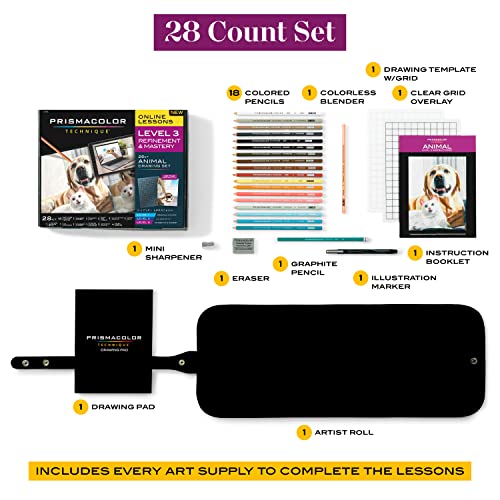 Prismacolor Technique, Art Supplies and Digital Art Lessons, Animal Drawings Set, Level 3, Includes Artist Roll Case, Dog, Cat & Pet Lesson, 28 Count - style: Animal Level 3