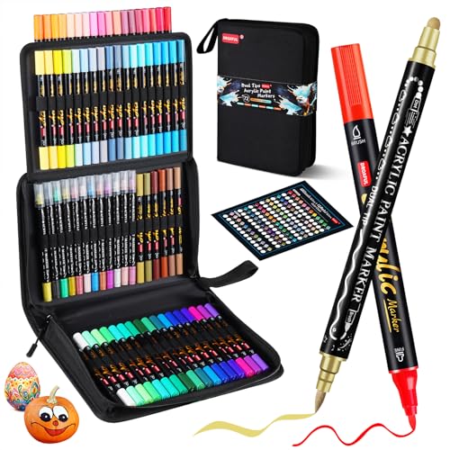Droaful Acrylic Paint Pens Markers, 72 Pc Dual Tips Metallic Paint Markers | Rock Painting, Fabric, Metal, Glass, Wood, Canvas, Ceramic, Pumpkins, Eggs, Plastic, Non-Toxic & Odor - color: 60Color+12 Metallic