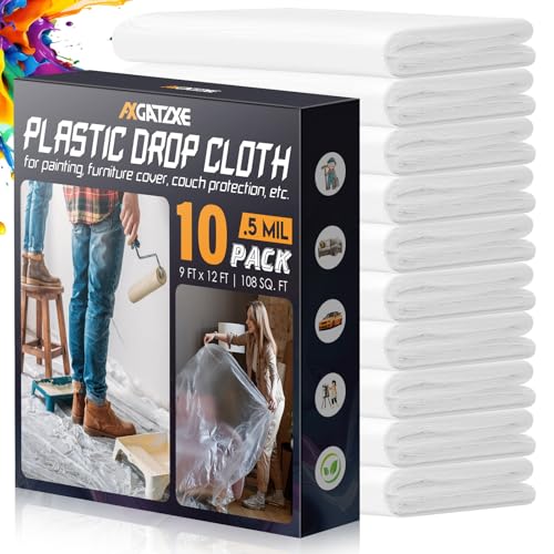 Axgatoxe 12 x 9 Ft Plastic Drop Cloths for Painting (10-Pack) | Plastic Painter's Sheeting & Tarps for Painting Supplies, Waterproof & Dust-proof Furniture/Couch/Floor Protection Cover - size: 10-Pack