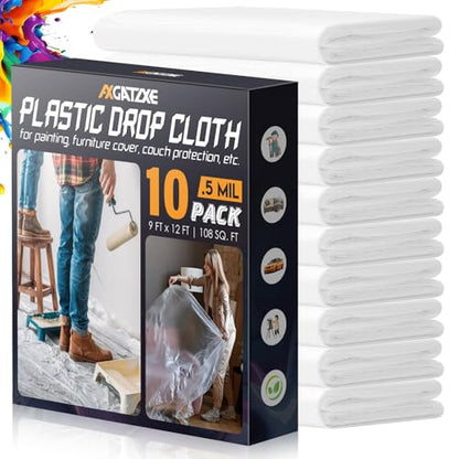 Axgatoxe 12 x 9 Ft Plastic Drop Cloths for Painting (10-Pack) | Plastic Painter's Sheeting & Tarps for Painting Supplies, Waterproof & Dust-proof Furniture/Couch/Floor Protection Cover - size: 10-Pack