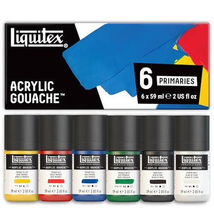 Liquitex Acrylic Gouache Paint Set, 6 x 59ml (2-oz), Primaries | Ultra pigmented, low viscosity, flat matte finish, no brush strokes, permanent & non-cracking & perfect for color-blocking - style: Primaries Set 6 x 59ml (2-oz)