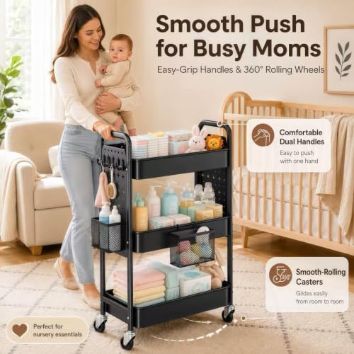 3 Tier Black Rolling Storage Cart Metal with DIY Pegboard and Wheels | Three Tiered Art Supply Organizer Cart, Utility Hobby Carts for Craft, Snack, Diaper Caddy, Nail, Baby Essentials, Snack - color: Black