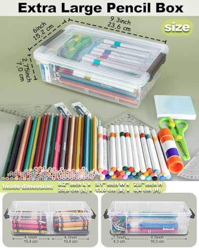 6 Pack Extra Large Pencil Box with Removable Divider, Thickened Pencil Case Bulk, Clear Crayon Marker Organizer Stackable Plastic Small Storage Containers for Pen Craft School Supplies(Grey) - size: Grey-6 Pack