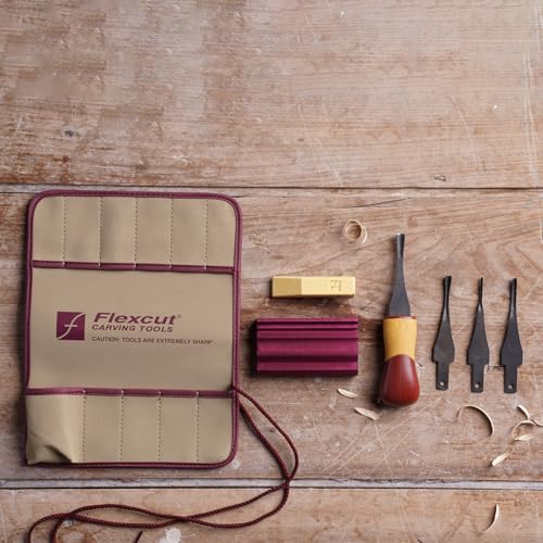 FLEXCUT SK130 5-Piece Lino & Relief Printmaking Set, Carbon Steel Blades (SK306, SK309, SK803, SK307), Quick Connect ABS Handle, Tool Roll, Strop & Honing Compound – 12 oz, Made in USA
