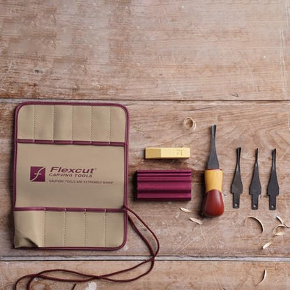 FLEXCUT SK130 5-Piece Lino & Relief Printmaking Set, Carbon Steel Blades (SK306, SK309, SK803, SK307), Quick Connect ABS Handle, Tool Roll, Strop & Honing Compound – 12 oz, Made in USA