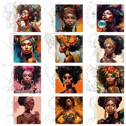 Affrolling 12 Pcs Pre Drawn Canvas for Painting for Adults 8 x 8 Inch Canvas Painting Kits Stretched with Drawing Ready to Paint Beginner Artists Date Night Party Supplies(Black Girl) - style: Black Girl