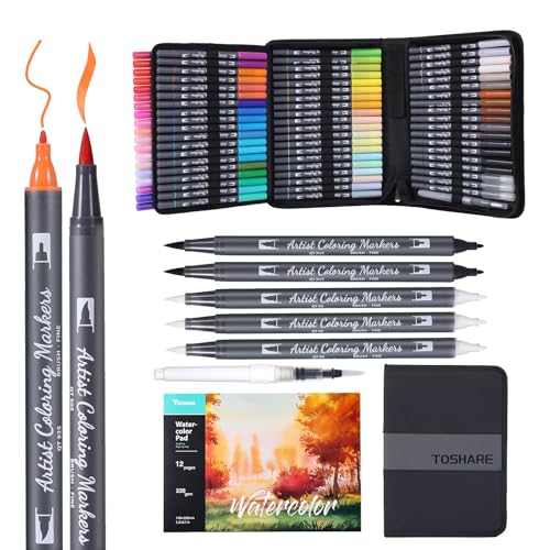 TOSHARE Watercolor Pens Set, 72-Color Dual Tip Professional Watercolor Markers for Adults, Water-Based Art Pens with 1 Aquapen, 3 Colorless Blenders, 2 Black Markers, and 12-Page Pad, Art Supplies - color: 72+6 Colors