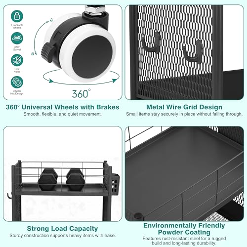3 Tier Rolling Storage Cart Metal Utility Cart with Wheels | Office Organizer with Hooks & Hanging Cups, Mobile Shelving Unit for Kitchen Nursery Craft Snack Book - color: Matte Black