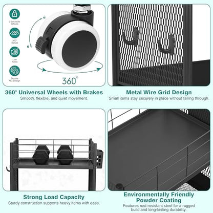 3 Tier Rolling Storage Cart Metal Utility Cart with Wheels | Office Organizer with Hooks & Hanging Cups, Mobile Shelving Unit for Kitchen Nursery Craft Snack Book - color: Matte Black