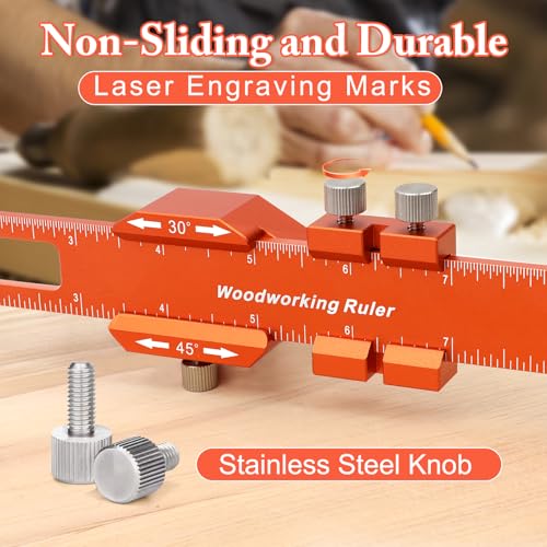 Woodworking Ruler Set 3PCS(6/8/12-Inch) - Precision Aluminum Pocket Rulers with Dual Inch & Metric Scales | T-Type Scribing & Square Edge for Marking