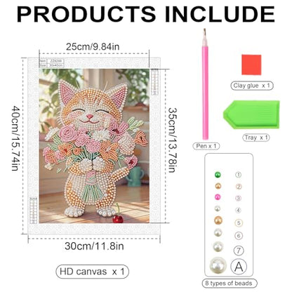 Stalente Pearl Diamond Painting Kits for Adults Cat and Flower, 5D Special Shape Diamond Art Kits for Beginners, Crystal Rhinestones Diamond Painting for Home Wall Decoration Gift 12×16inch, Animal