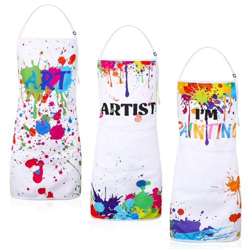 3 Pcs Painting Artist Apron with 2 Pockets, Colorful Artist Smock, Adjustable Painting Aprons for Adults - color: White