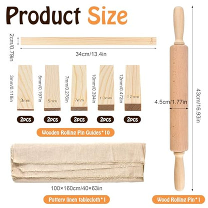 Akamino 20 Pcs Pottery Tools Include 1 Wood Rolling Pin,1 Portable Pottery Linen Tablecloth, 10 Pcs 5 Size Teaching Rolling Mud Stick Guide, 8 Clay Sculpting Tools for Manual Self Ceramic Clay Making