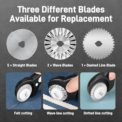 Teslong 45mm Rotary Cutter for Fabric, Extra 8pcs Replacement Blades | Ergonomic Handle Fabric Cutter Wheel with Safety Lock for Fabric, Leather, Crafting, Sewing, Quilting, Left & Right Hand