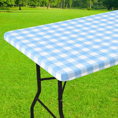 Smiry 4 Foot Picnic Table Cloth, Flannel Backed Fitted Vinyl tablecloths | Waterproof Elastic Rectangle Tablecloth ,Buffalo Plaid Table Covers for Dining, Camping (Baby Blue and White, 24" x 48") - color: Baby Blue and White, size: 48" x 24" (Rectangular)