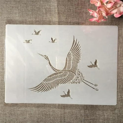 TIAMECH A4 Reusable Crane Stencil for Painting | Flying Bird Longevity Symbol Layering Template, DIY Wall Art, Furniture & Crafts (8.3x11.7inch) - style: Crane