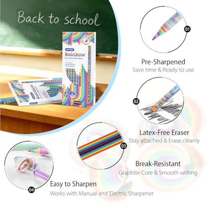 ECOTREE Pre-Sharpened Rainbow Pencils #2, Back to School Supplies, 12 Count