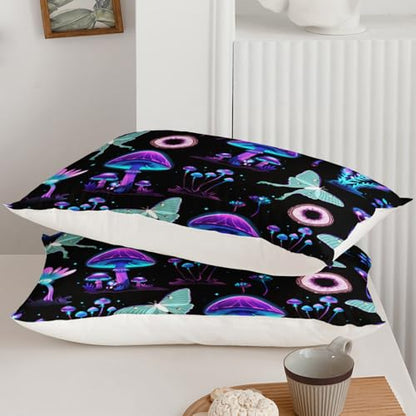 AILONEN Purple Blue Mushroom Duvet Cover Set King Size, Botanical Plant Fungus Moth Butterfly Comforter Cover Set, Soft Black Gradient Quilt Cover 3Pc Set, 1 Duvet Cover + 2 Pillowcases - color: Mushroom105, size: King