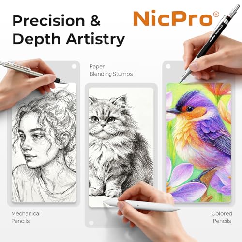 Nicpro 52PCS Art Drawing Supplies Kit for Artist Adults Sketching | Metal Mechanical Pencil Set 0.5, 0.7, 0.9 & 2mm, 9x12 Sketch Book, 12 Fineliner Pens, 288 Leads, School Supplies Drawing Kit - size: 52